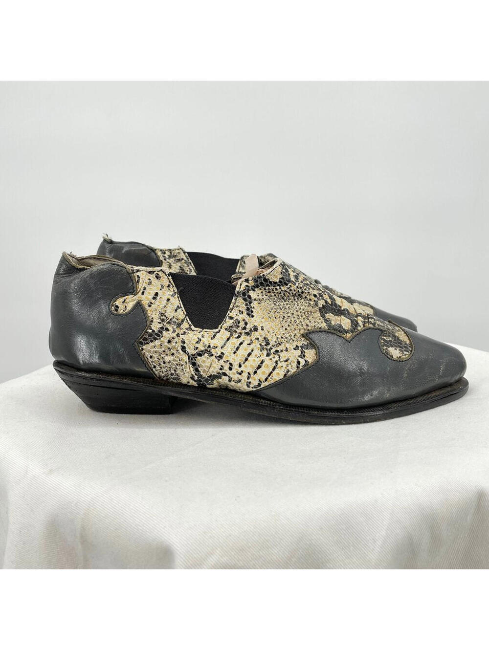 Women's Handmade Kid Leather and Python Slip-On Gray Black Cream Shoes 36.5/6